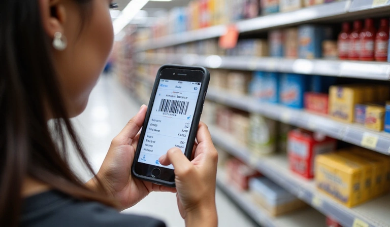 A person using a mobile app to scan a product barcode in a store, representing smart shopping and deal finding.