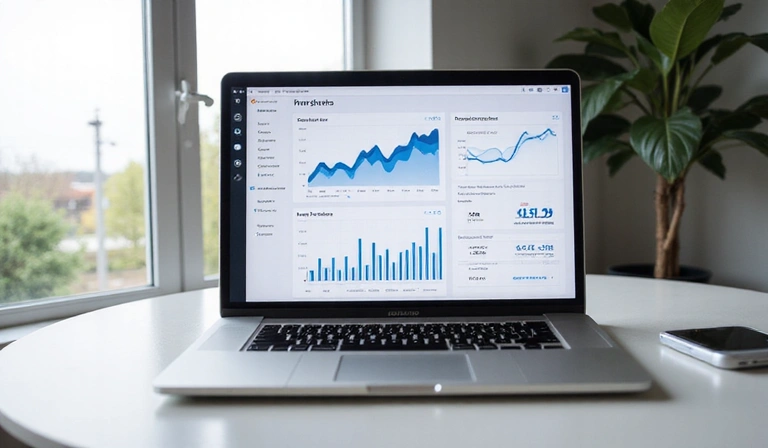A sleek, modern laptop open on a table with analytics graphs on the screen, representing product reviews and tech insights.