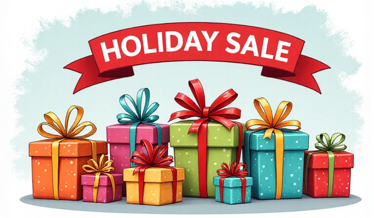 A vibrant and colorful illustration of gift boxes with a 'Holiday Sale' banner, evoking a festive shopping atmosphere.