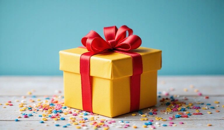 A festive image of a gift box with a ribbon and confetti, celebrating major sale announcements.