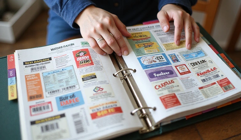 A person meticulously organizing a binder full of coupons, symbolizing effective coupon management and organization.