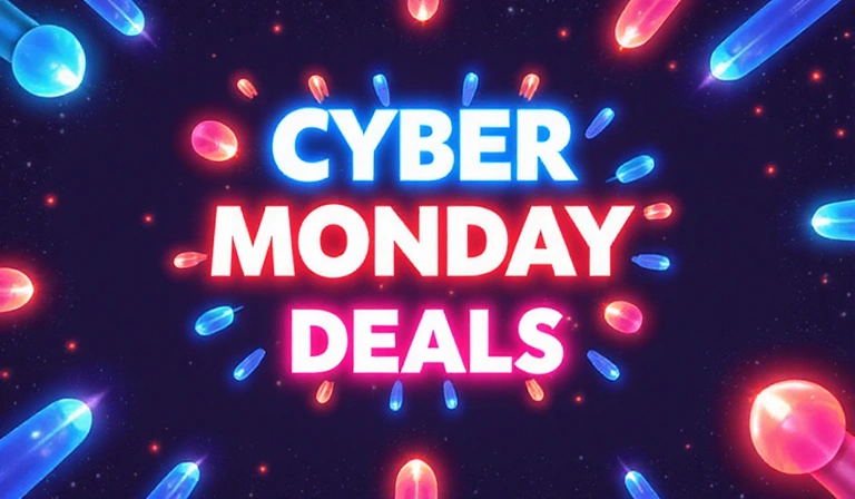 A vibrant graphic announcing 'Cyber Monday Deals' with digital elements and a festive, modern design.