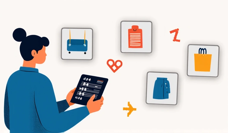 A stylized illustration of a person comparing prices on a tablet, with various product icons floating around, symbolizing effective price comparison.