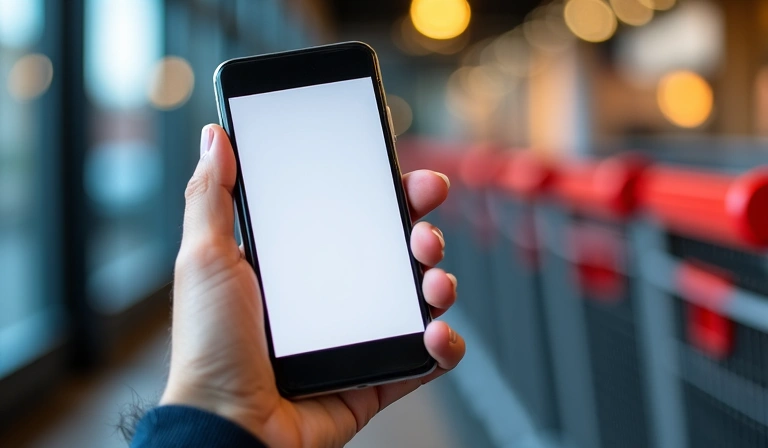 A close-up of a hand holding a smartphone displaying a coupon code, with blurred shopping carts in the background, symbolizing saving tips.