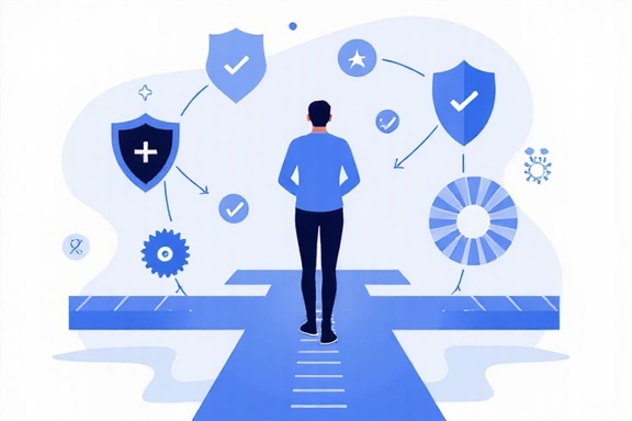 Illustration of a person making a choice or decision about privacy, with icons representing data and control.