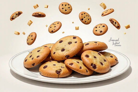 Illustration of various cookies, some on a plate, some as digital icons, symbolizing web tracking and user experience.
