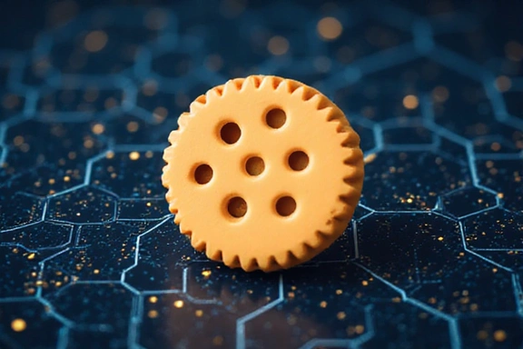 A stylized cookie icon with digital elements, representing website cookies.