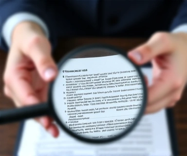 Person reading a legal document with a magnifying glass