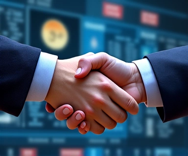 Two hands shaking over a digital interface, symbolizing agreement and responsibility