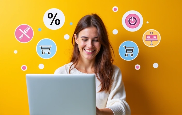 Person happily shopping online with many deals and discounts appearing around them